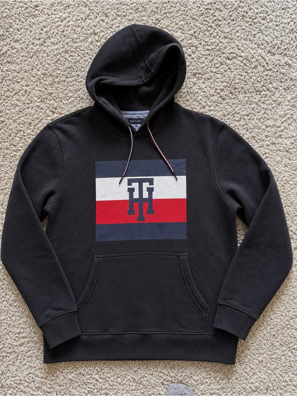 Tommy Hilfiger Hoodie Mens Large Black Flag Logo Pullover Sweatshirt